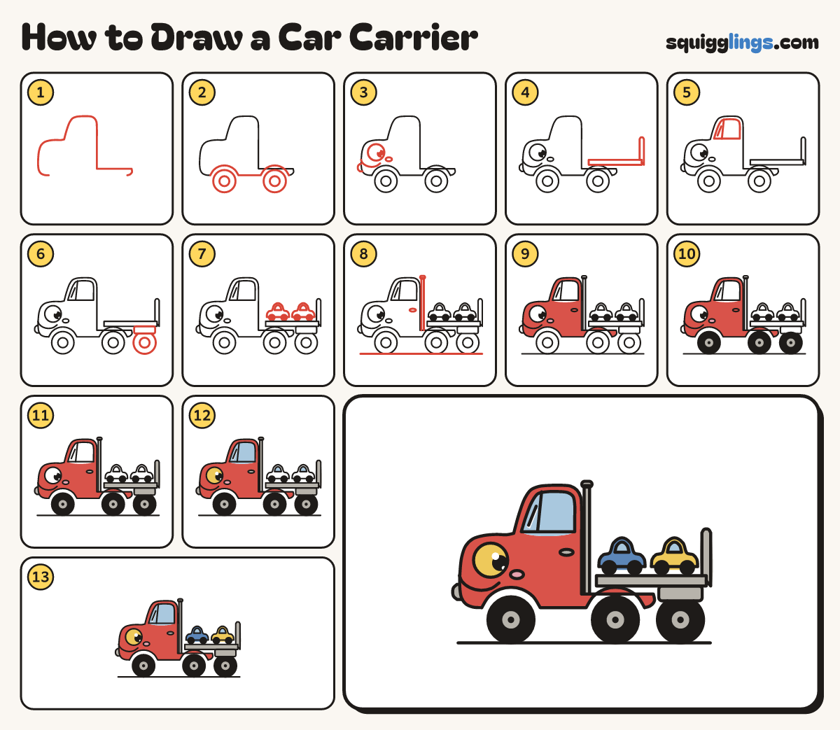How to Draw a Car Carrier step by step: all 13 steps in one picture