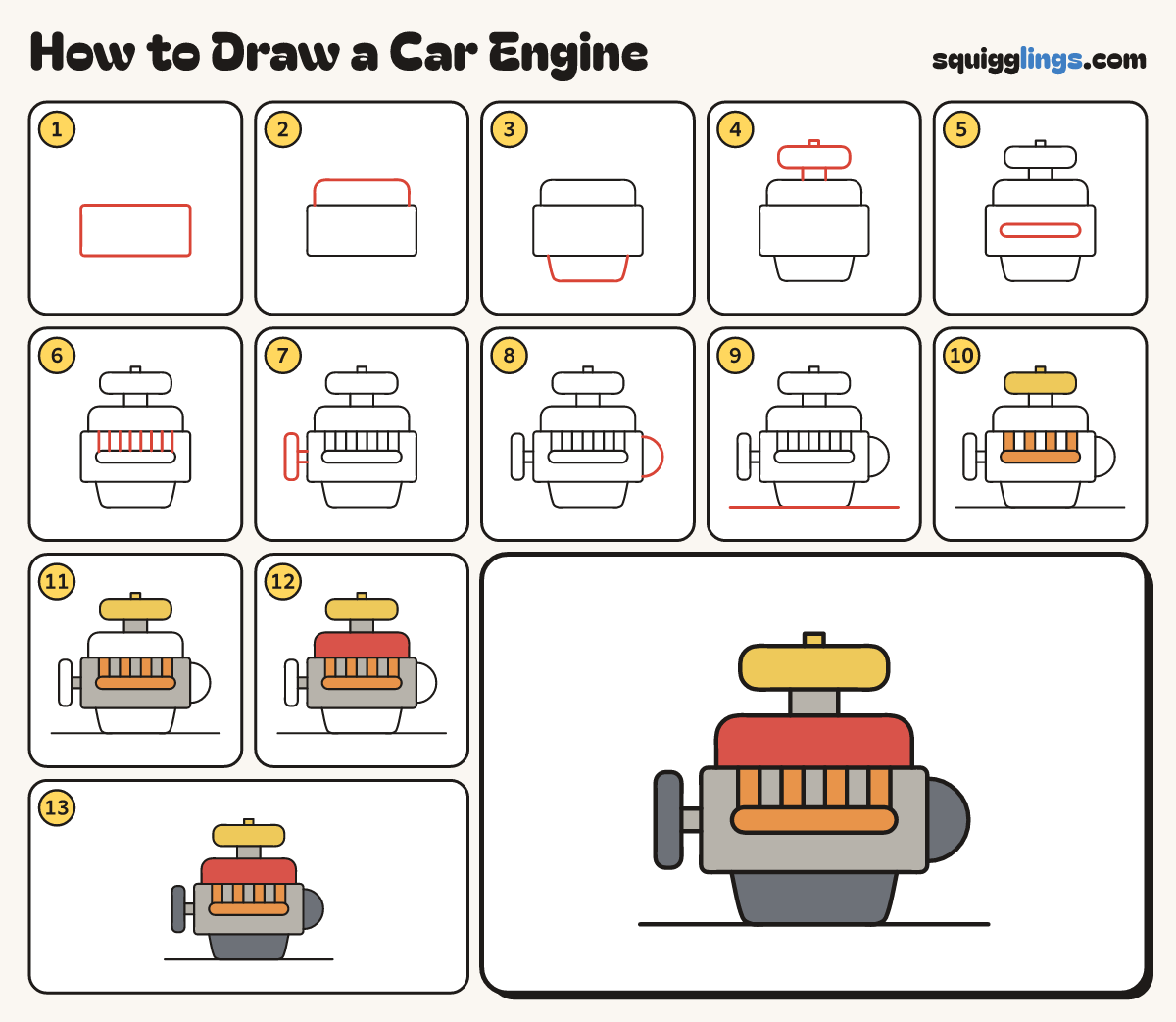 How to Draw a Car Engine step by step: all 13 steps in one picture