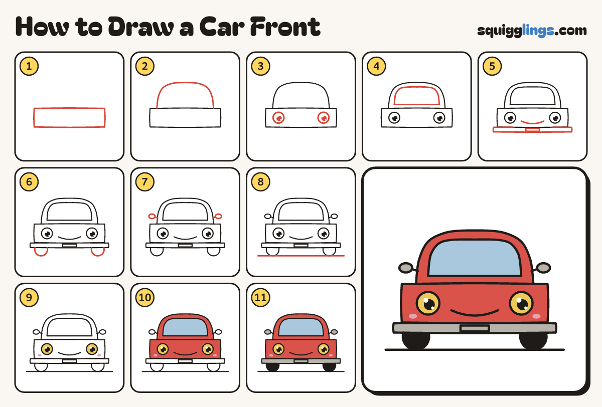 How to Draw a Car Front step by step: all 11 steps in one picture