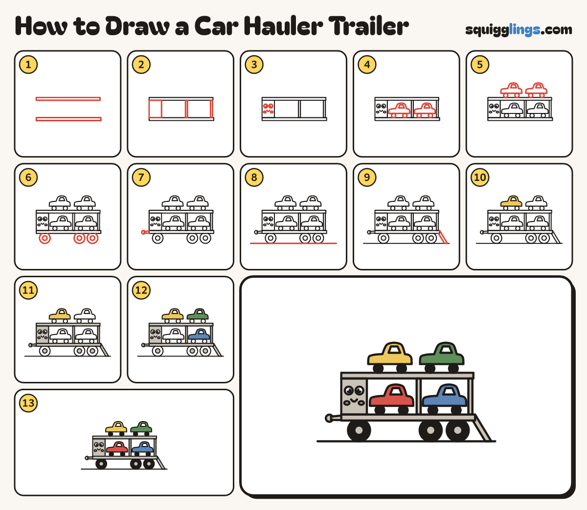 How to Draw a Car Hauler Trailer step by step: all 13 steps in one picture