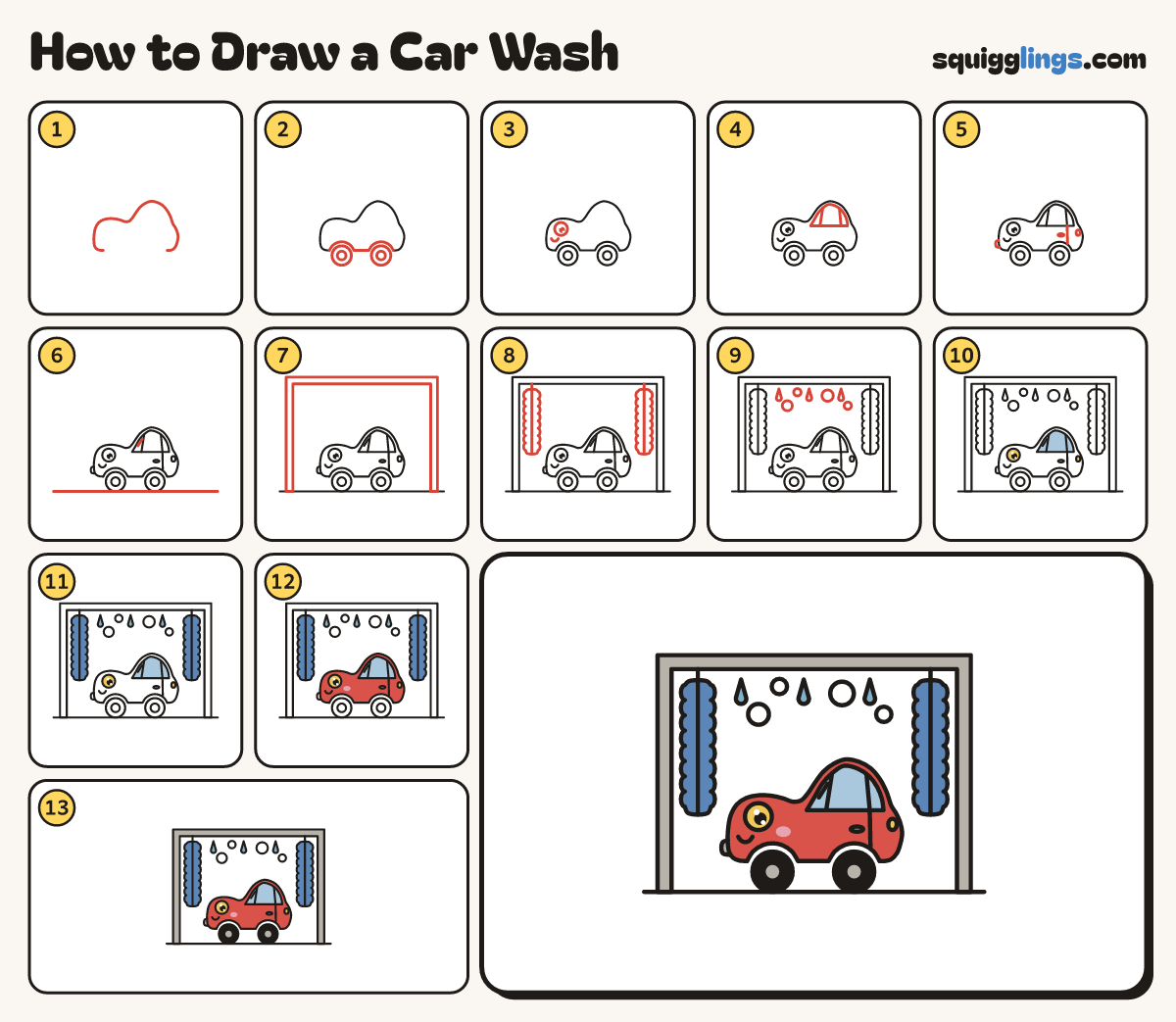 How to Draw a Car Wash step by step: all 13 steps in one picture