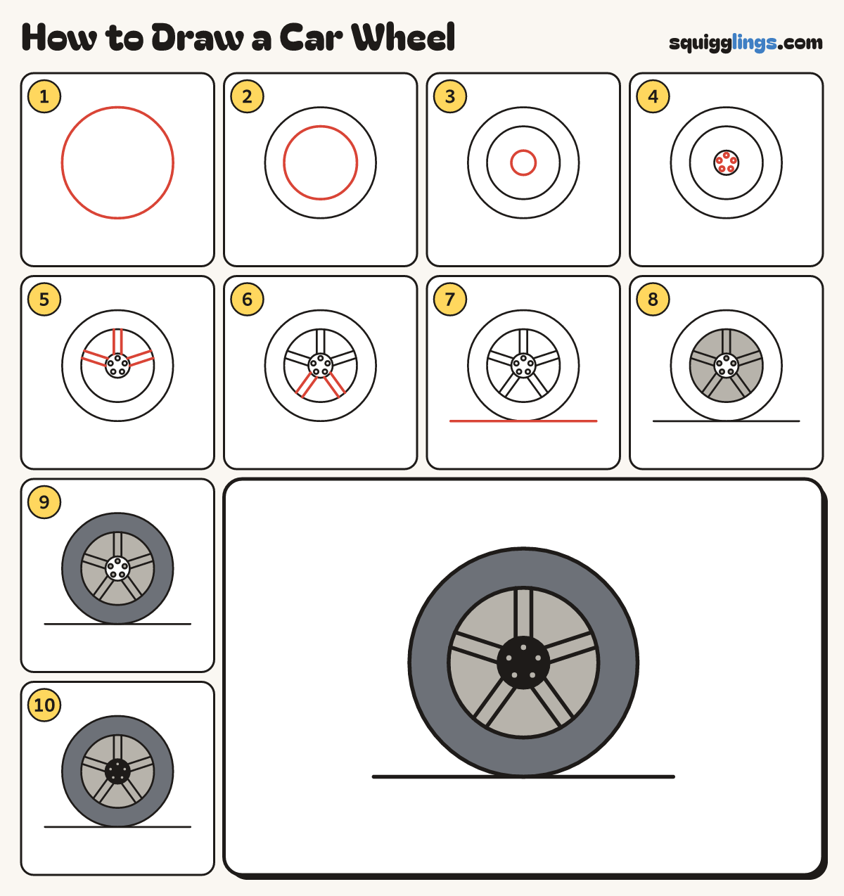 How to Draw a Car Wheel step by step: all 10 steps in one picture