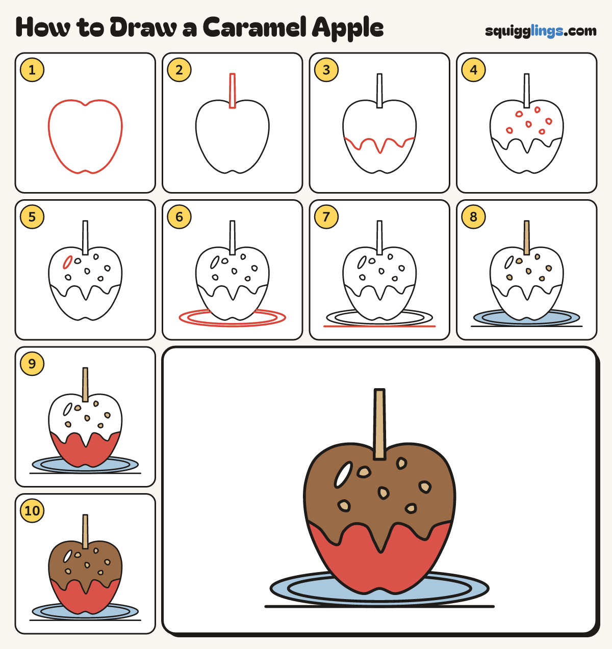 How to Draw a Caramel Apple step by step: all 10 steps in one picture
