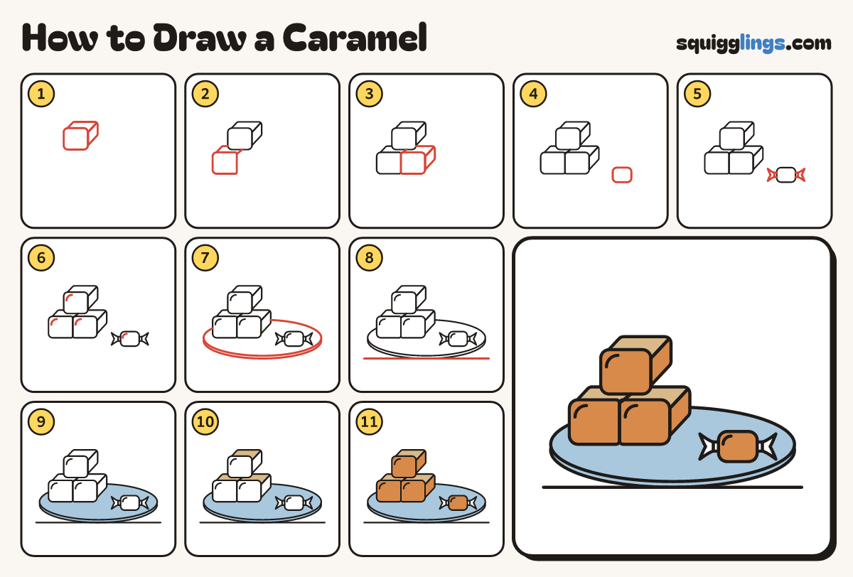 How to Draw a Caramel step by step: all 11 steps in one picture