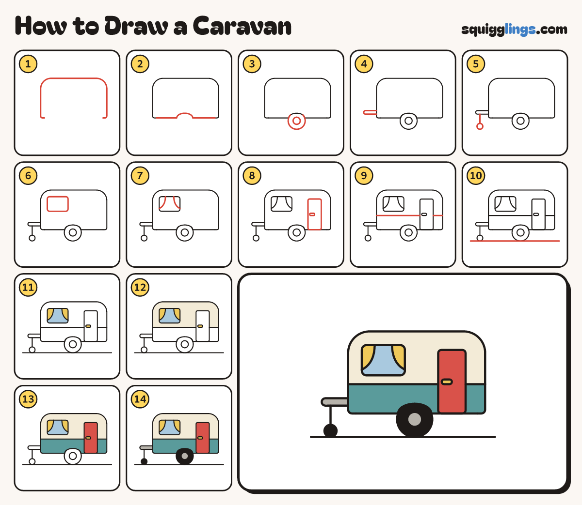 How to Draw a Caravan step by step: all 14 steps in one picture