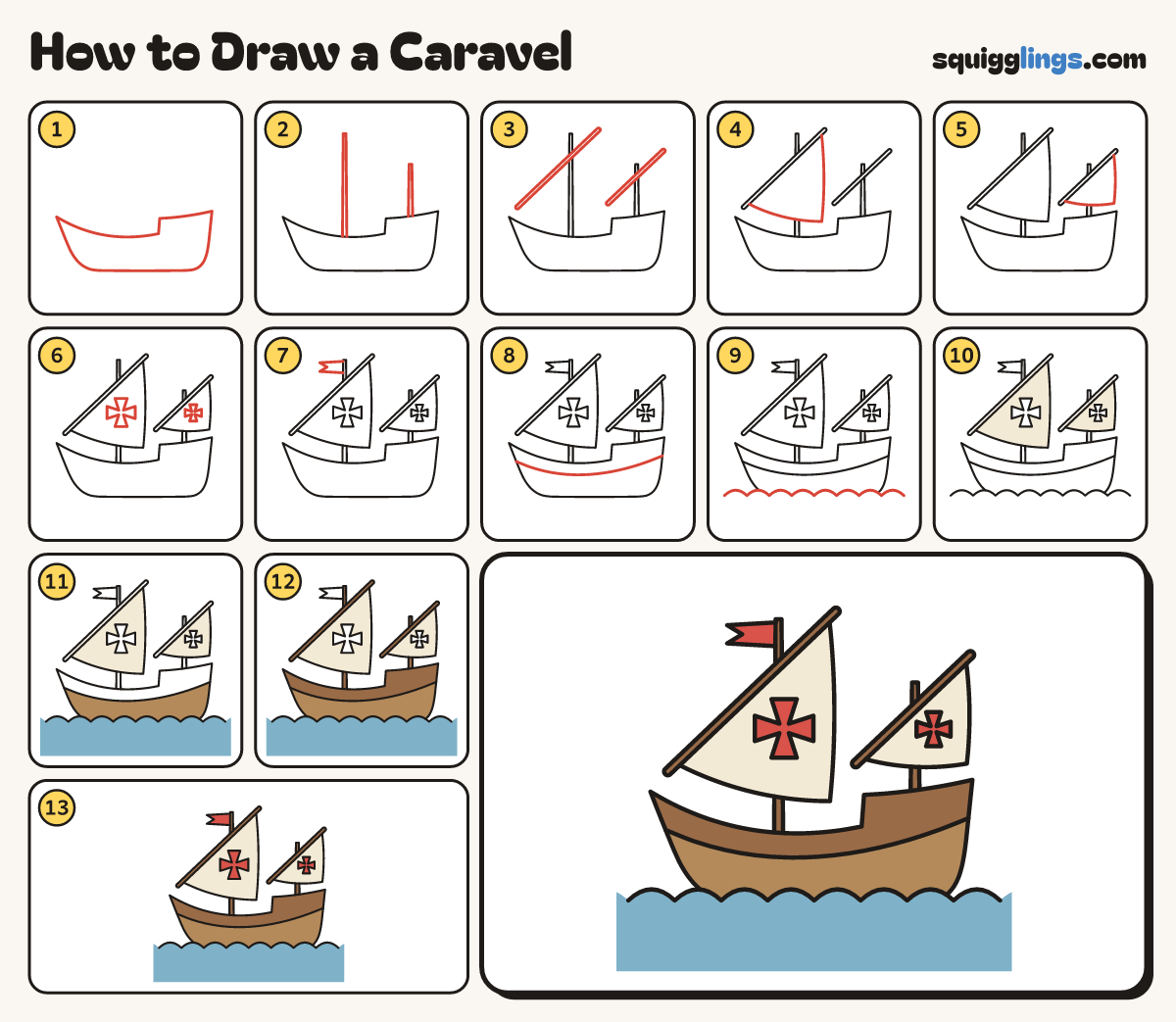 How to Draw a Caravel step by step: all 13 steps in one picture