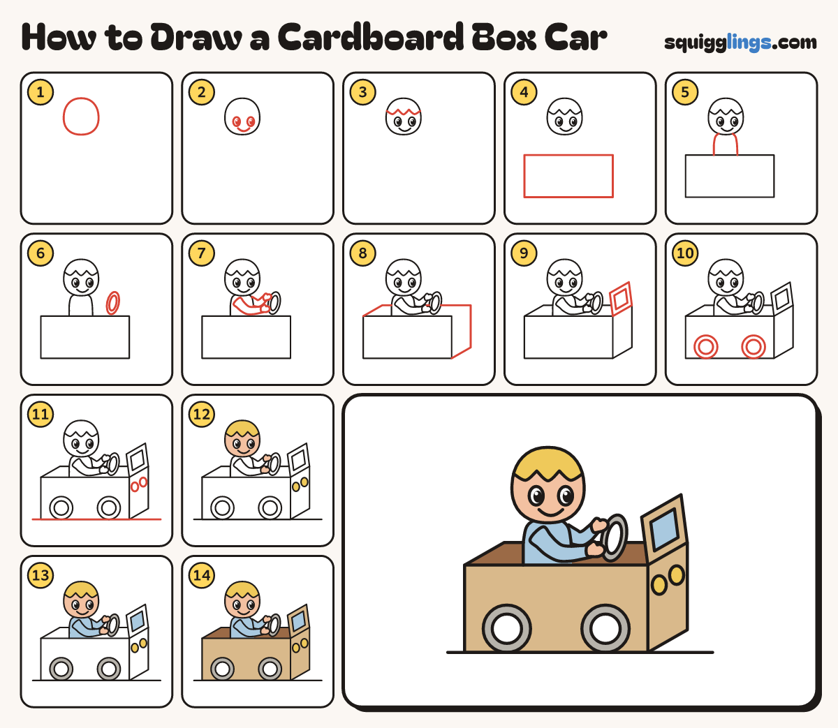 How to Draw a Cardboard Box Car step by step: all 14 steps in one picture