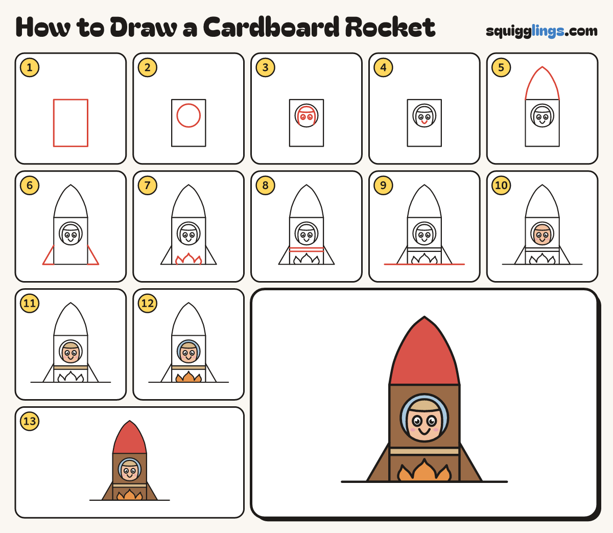 How to Draw a Cardboard Rocket step by step: all 13 steps in one picture