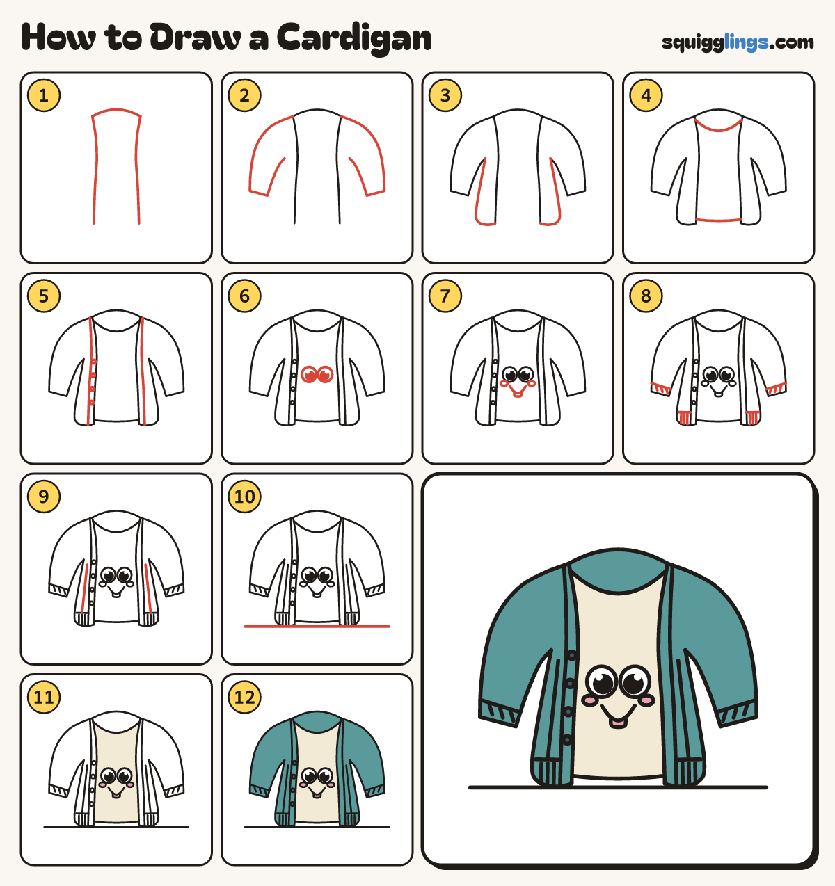 How to Draw a Cardigan step by step: all 12 steps in one picture