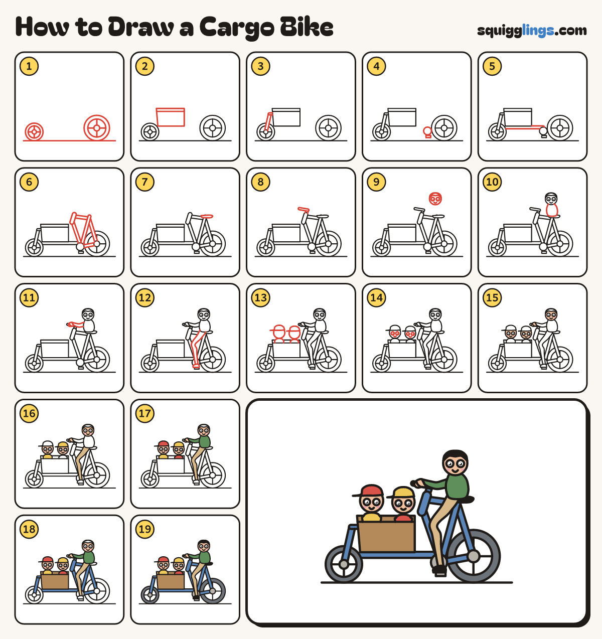How to Draw a Cargo Bike step by step: all 19 steps in one picture