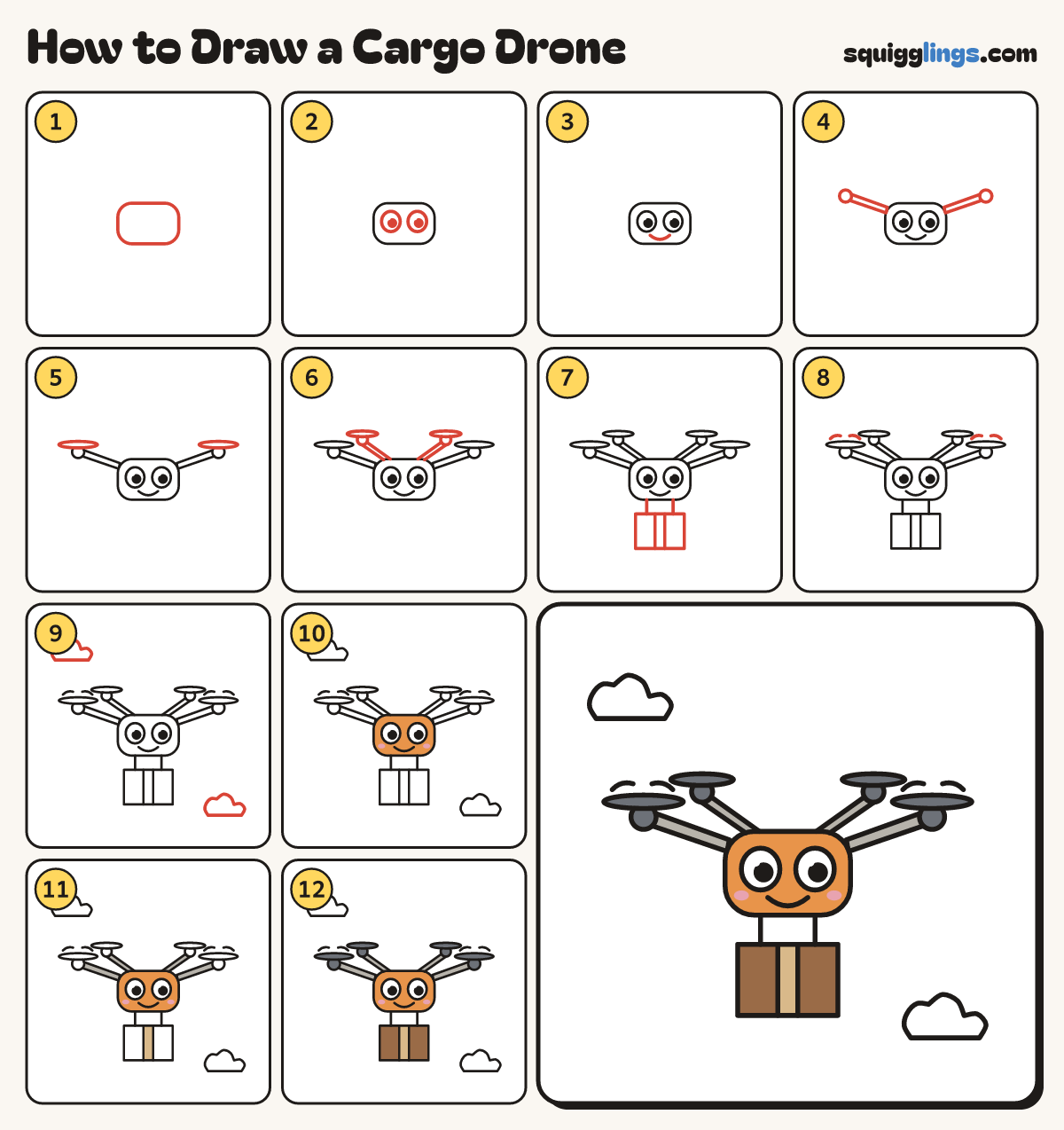 How to Draw a Cargo Drone step by step: all 12 steps in one picture