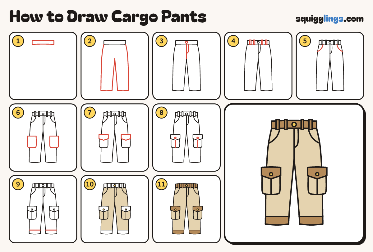 How to Draw Cargo Pants step by step: all 11 steps in one picture