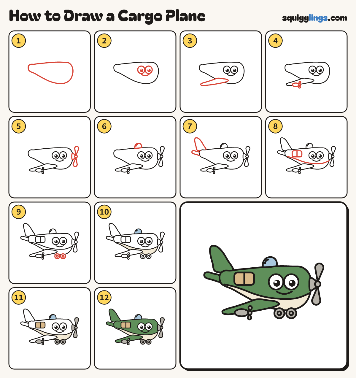 How to Draw a Cargo Plane step by step: all 12 steps in one picture