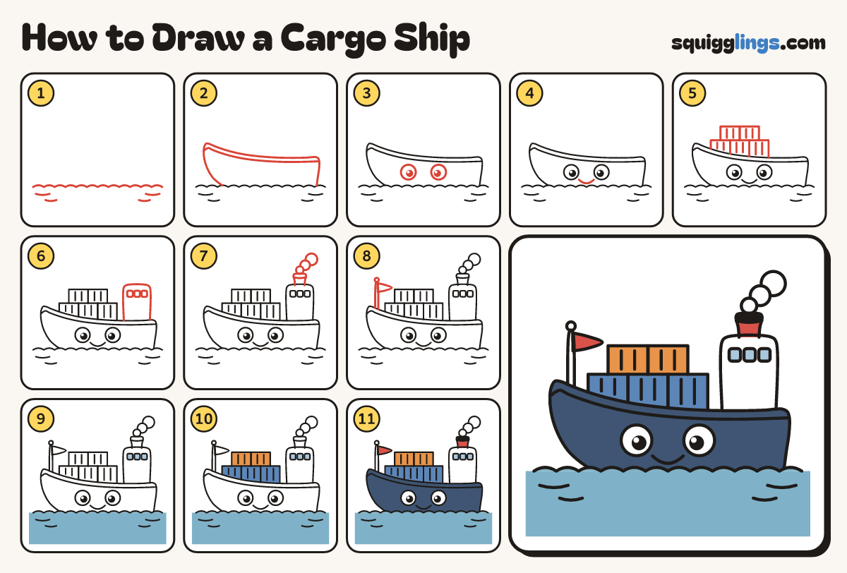How to Draw a Cargo Ship step by step: all 11 steps in one picture