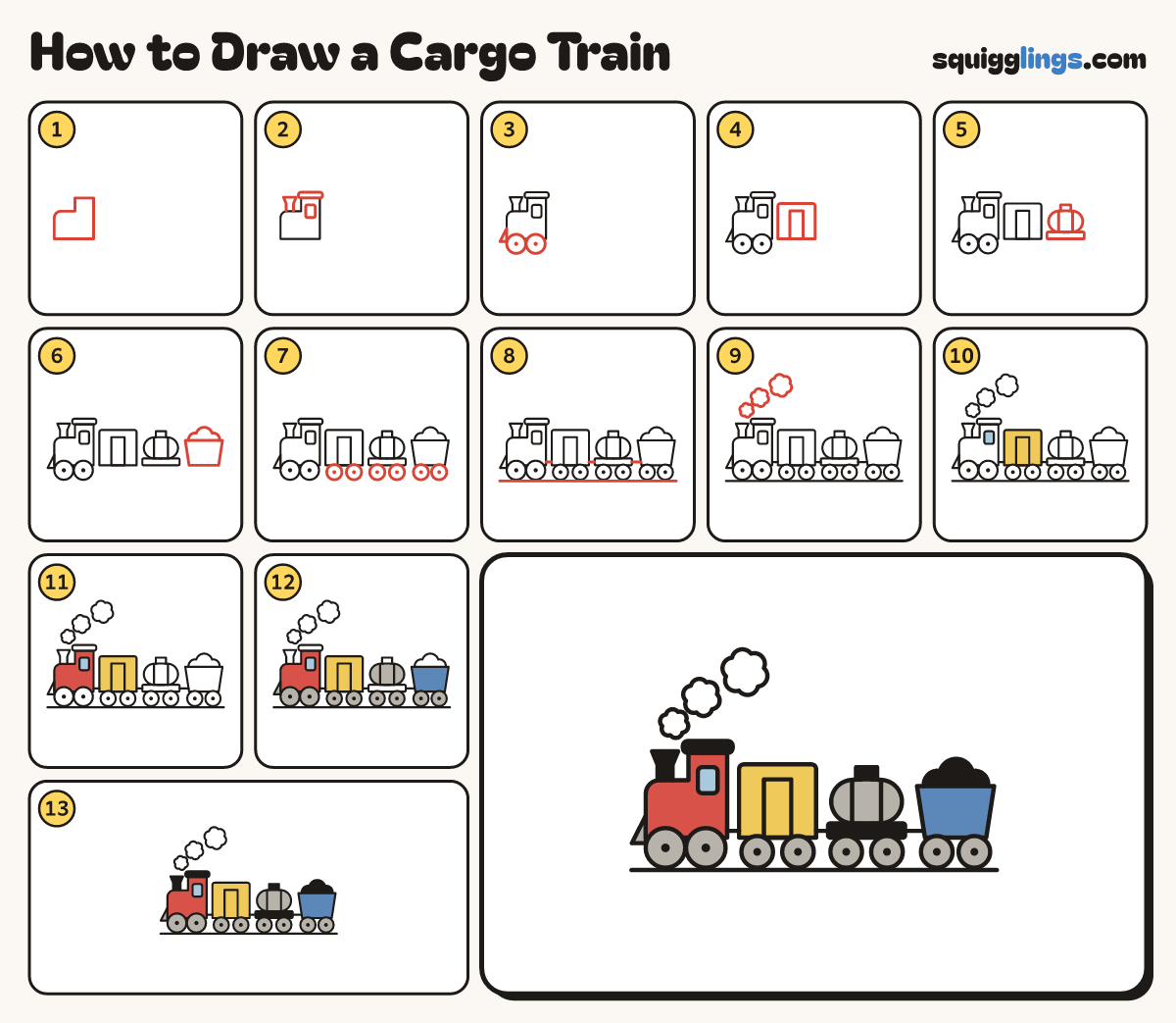 How to Draw a Cargo Train step by step: all 13 steps in one picture
