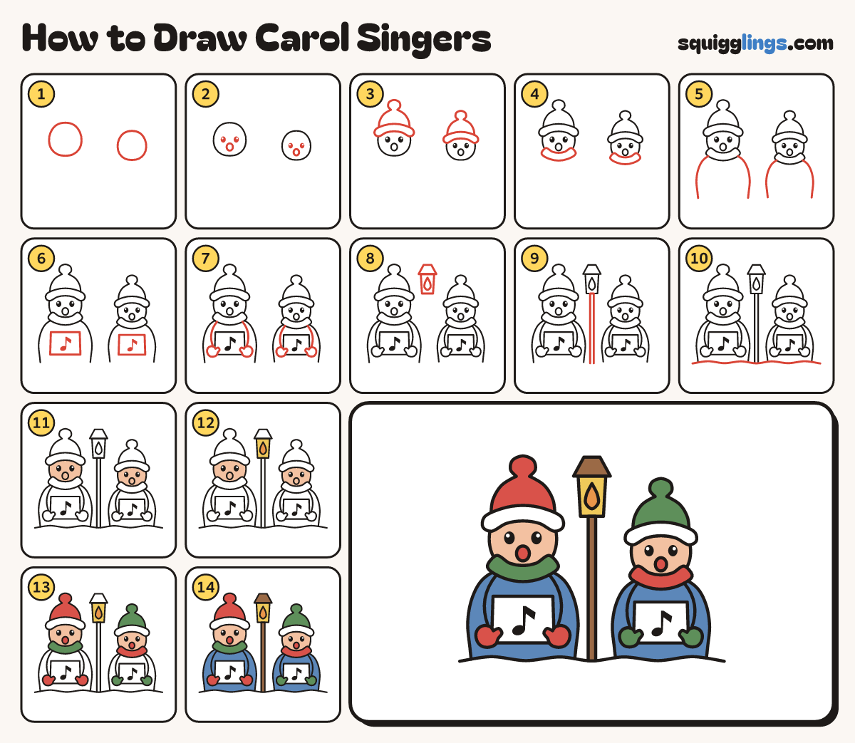 How to Draw Carol Singers step by step: all 14 steps in one picture