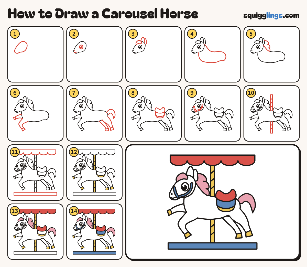How to Draw a Carousel Horse step by step: all 14 steps in one picture