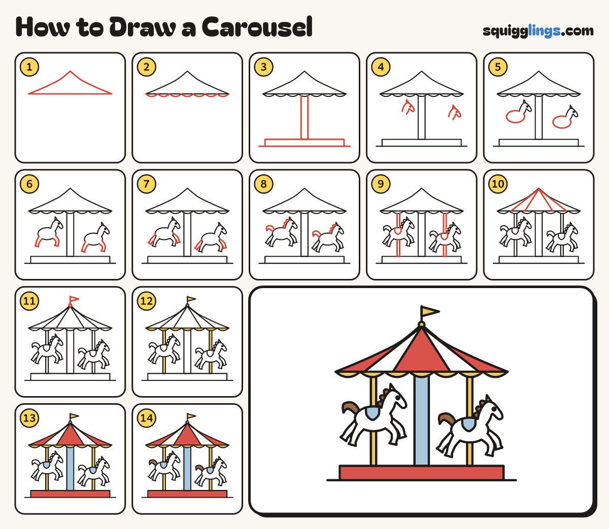 How to Draw a Carousel step by step: all 14 steps in one picture
