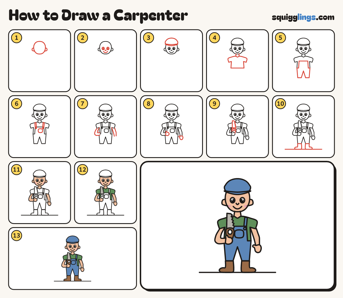 How to Draw a Carpenter step by step: all 13 steps in one picture