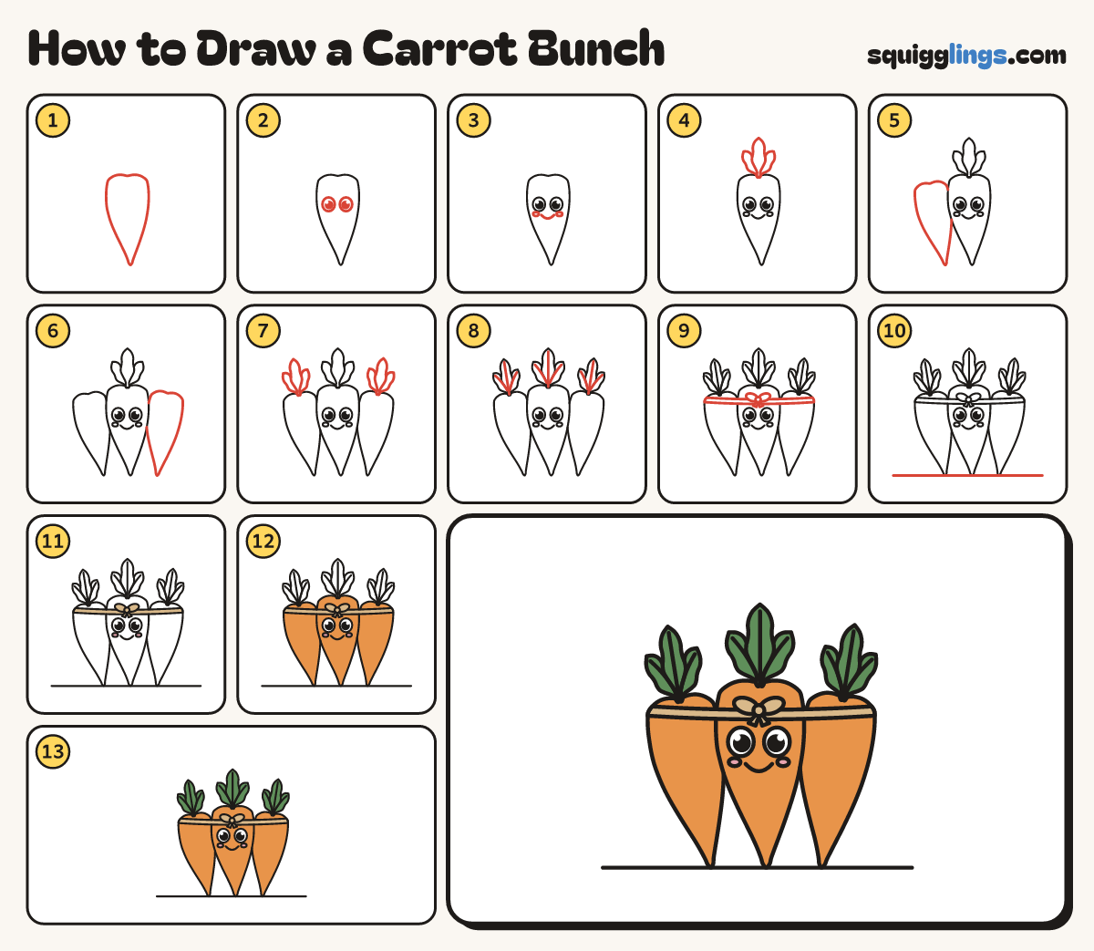 How to Draw a Carrot Bunch step by step: all 13 steps in one picture