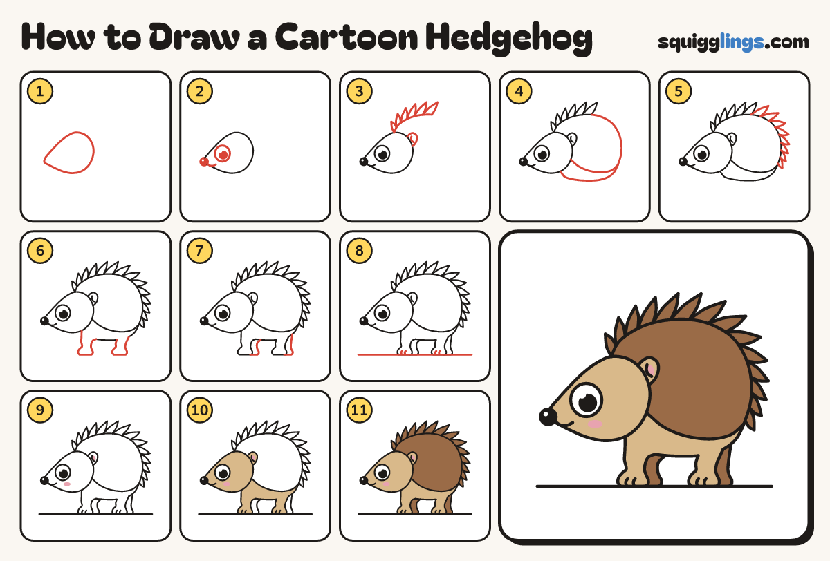How to Draw a Cartoon Hedgehog step by step: all 11 steps in one picture