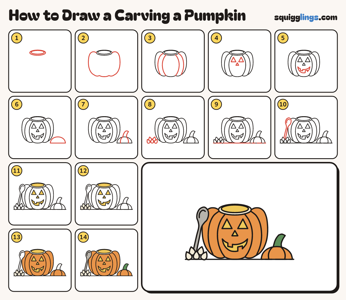 How to Draw a Carving a Pumpkin step by step: all 14 steps in one picture