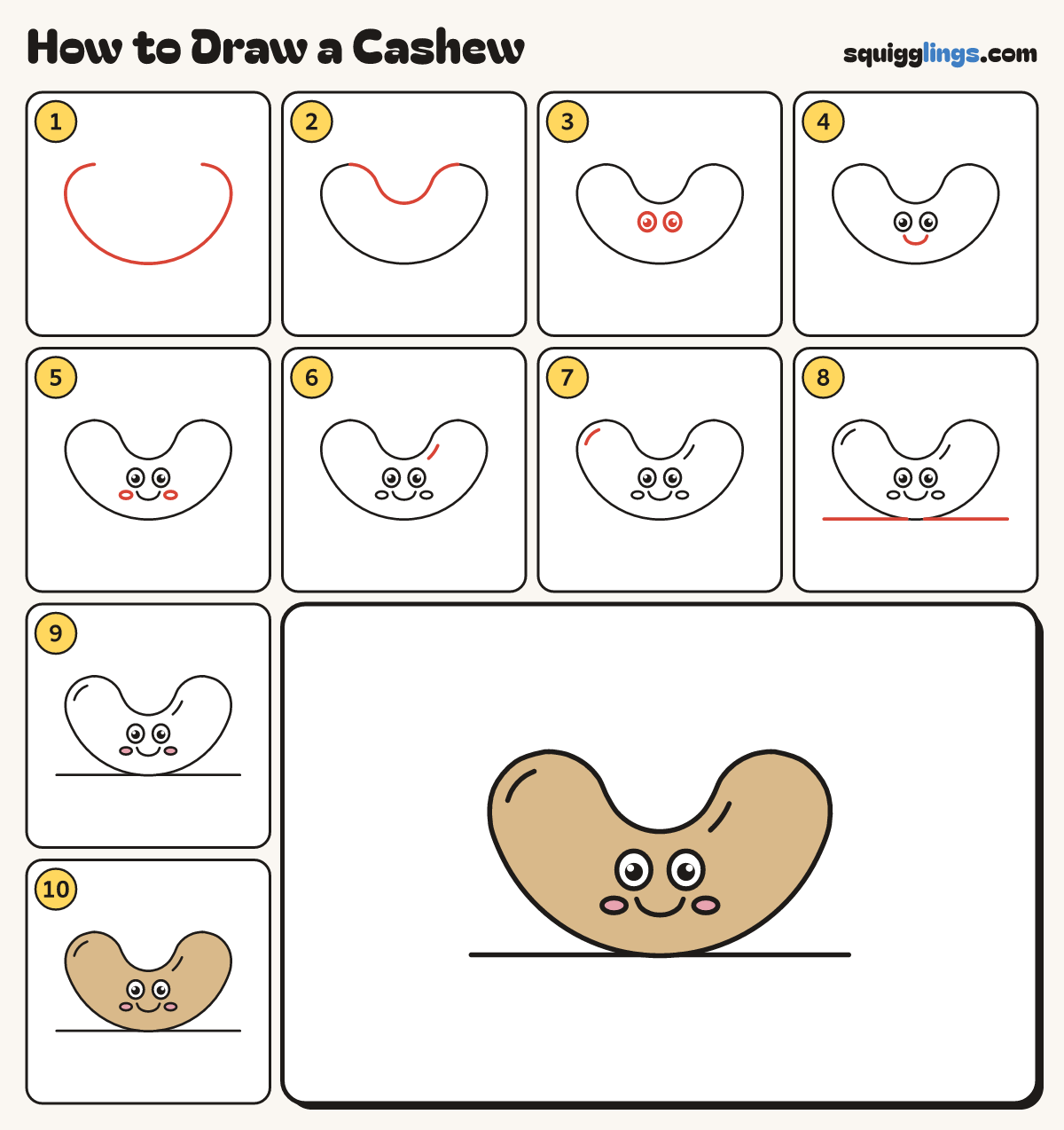 How to Draw a Cashew step by step: all 10 steps in one picture