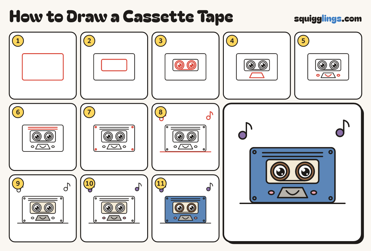 How to Draw a Cassette Tape step by step: all 11 steps in one picture