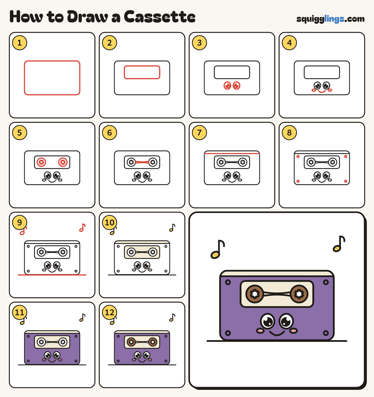 How to Draw a Cassette step by step: all 12 steps in one picture