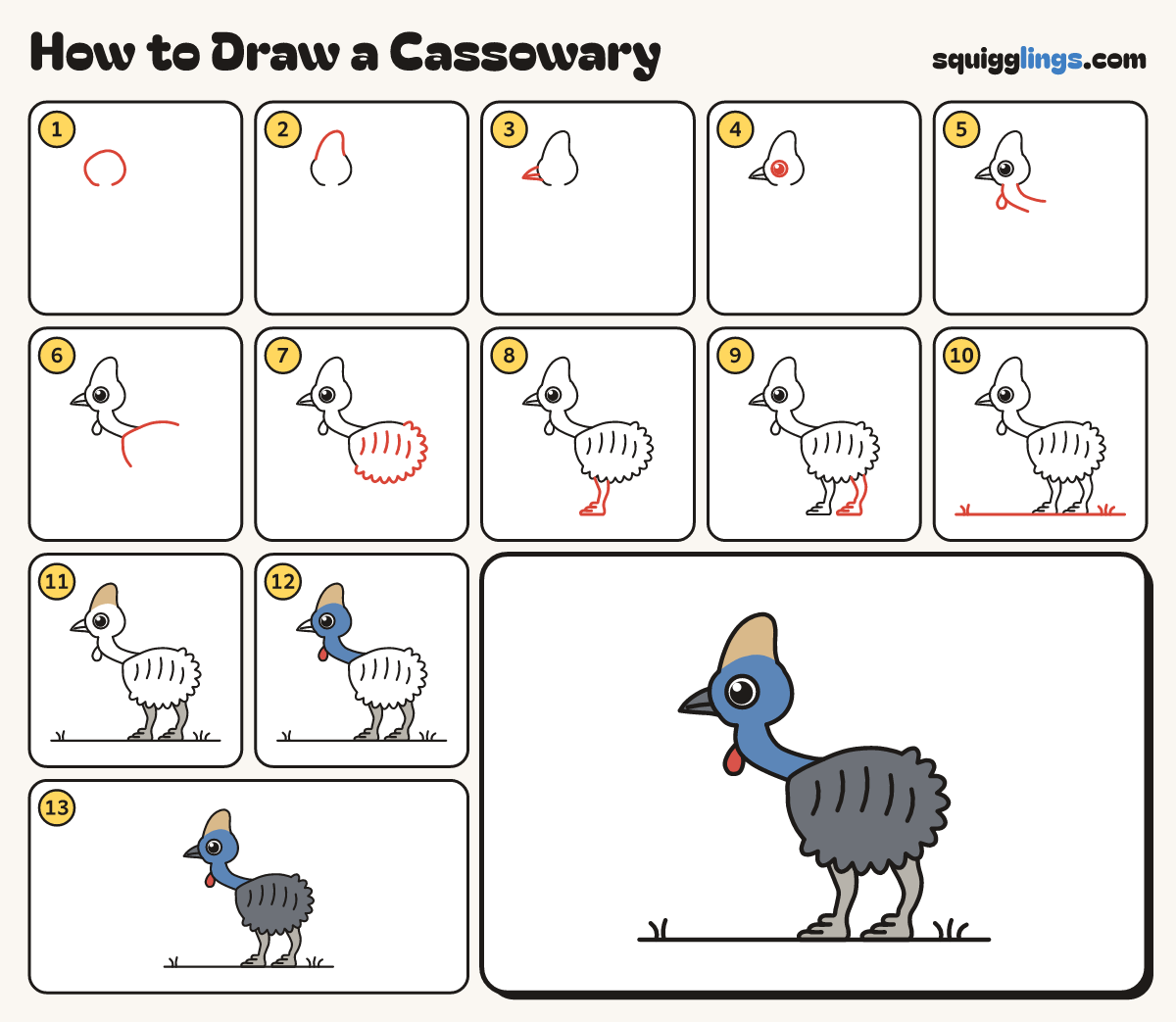 How to Draw a Cassowary step by step: all 13 steps in one picture
