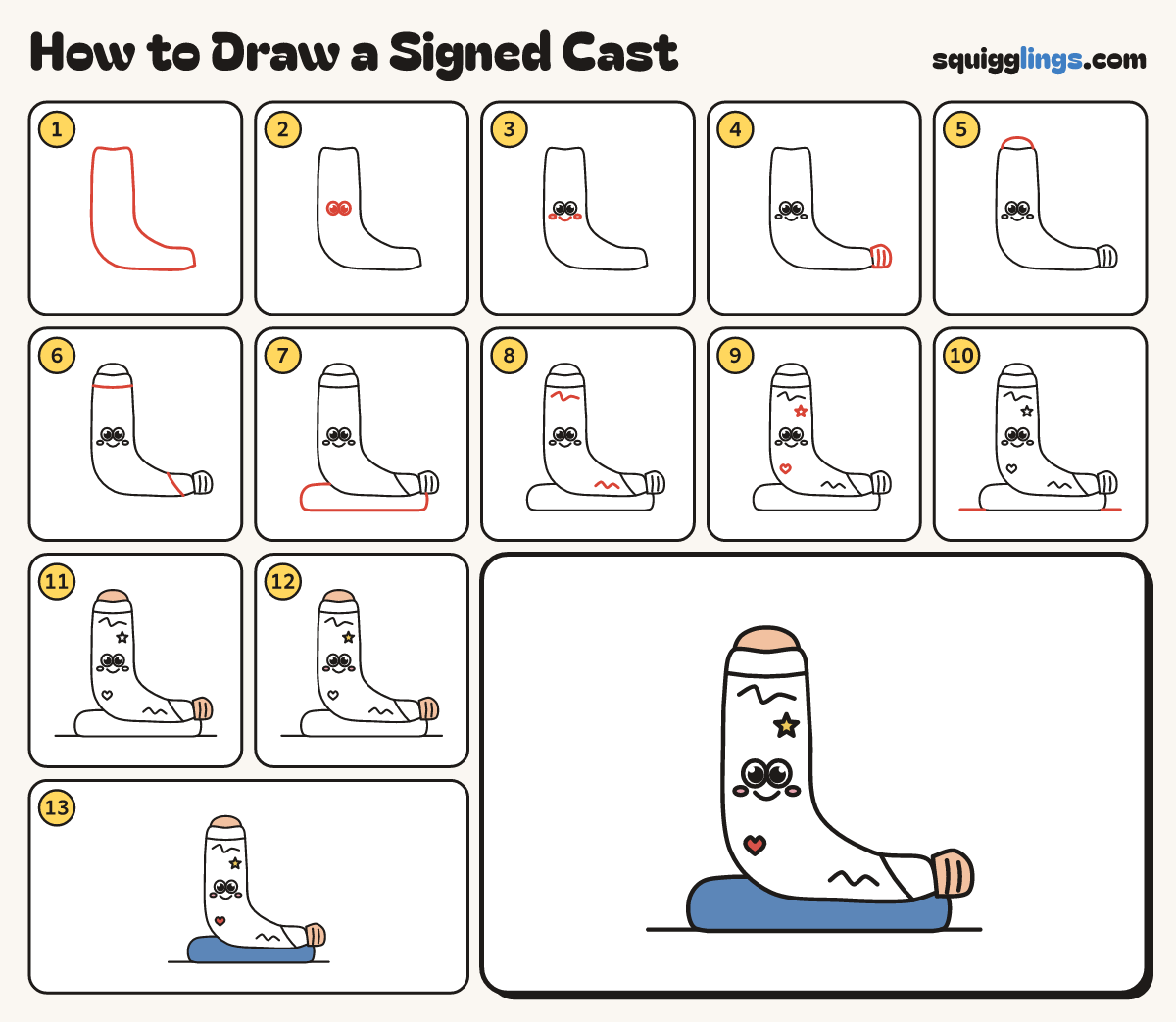 How to Draw a Signed Cast step by step: all 13 steps in one picture