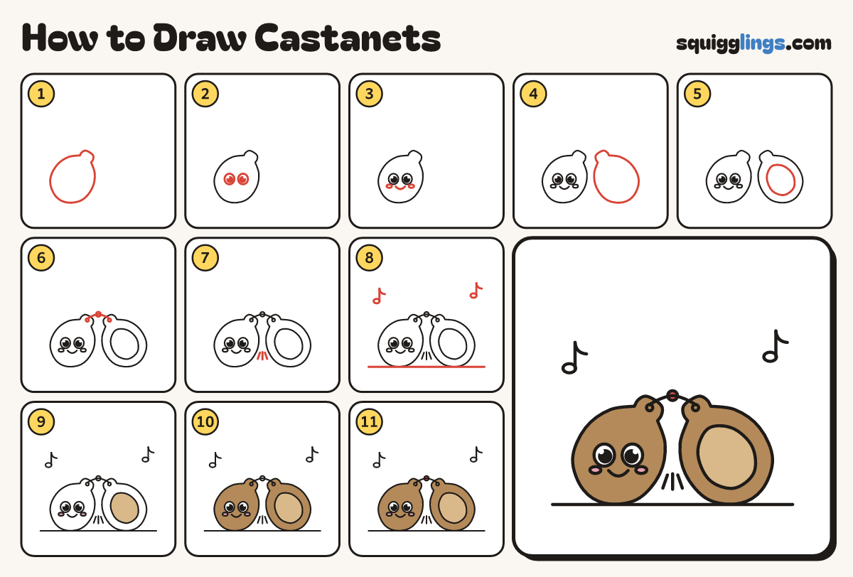 How to Draw Castanets step by step: all 11 steps in one picture