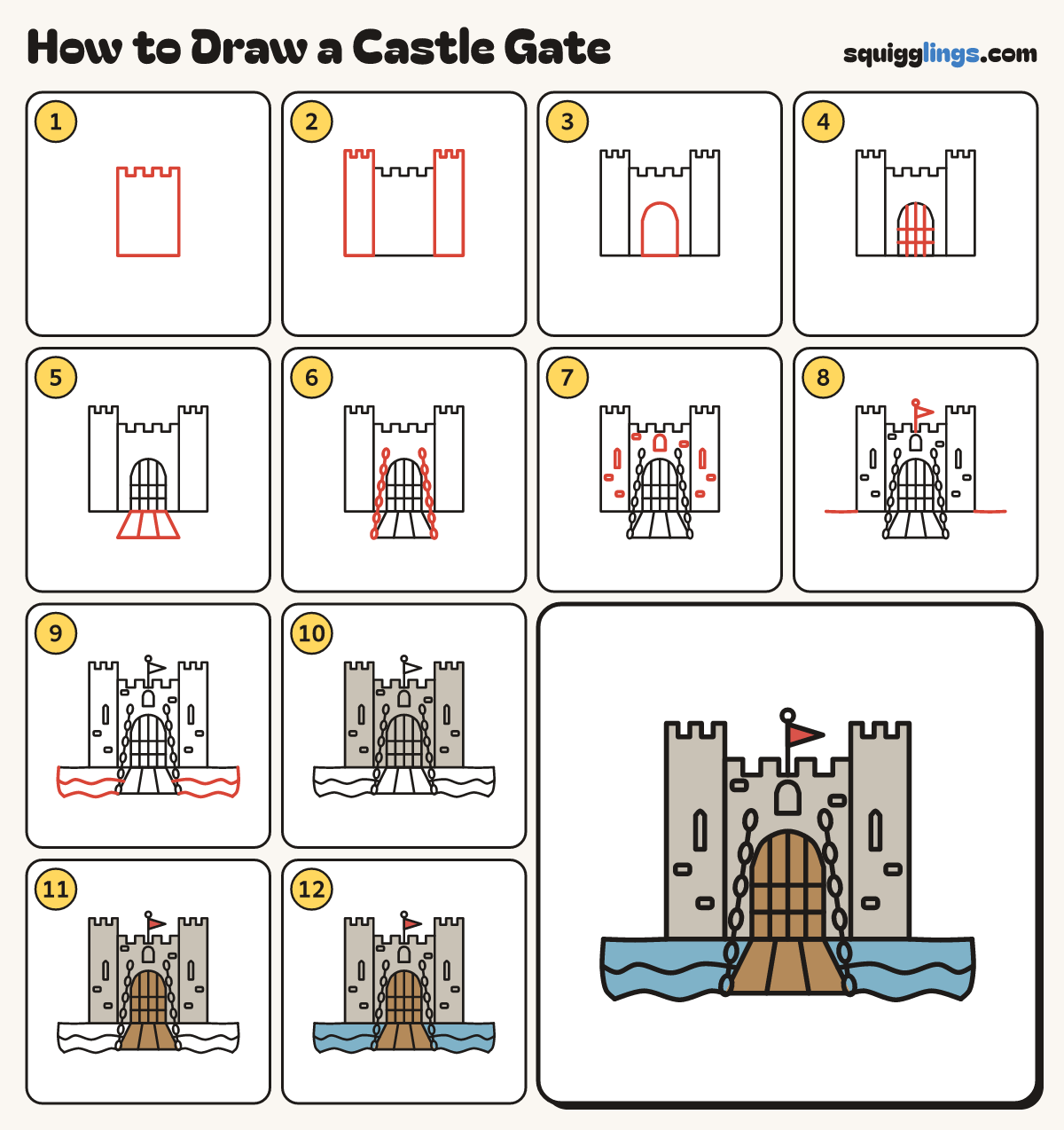 How to Draw a Castle Gate step by step: all 12 steps in one picture