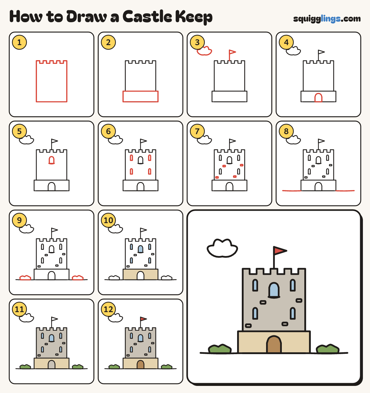 How to Draw a Castle Keep step by step: all 12 steps in one picture