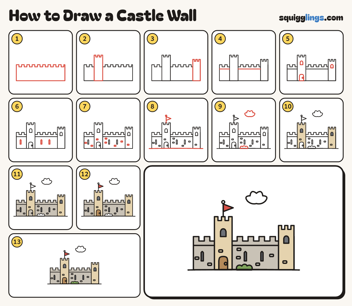 How to Draw a Castle Wall step by step: all 13 steps in one picture