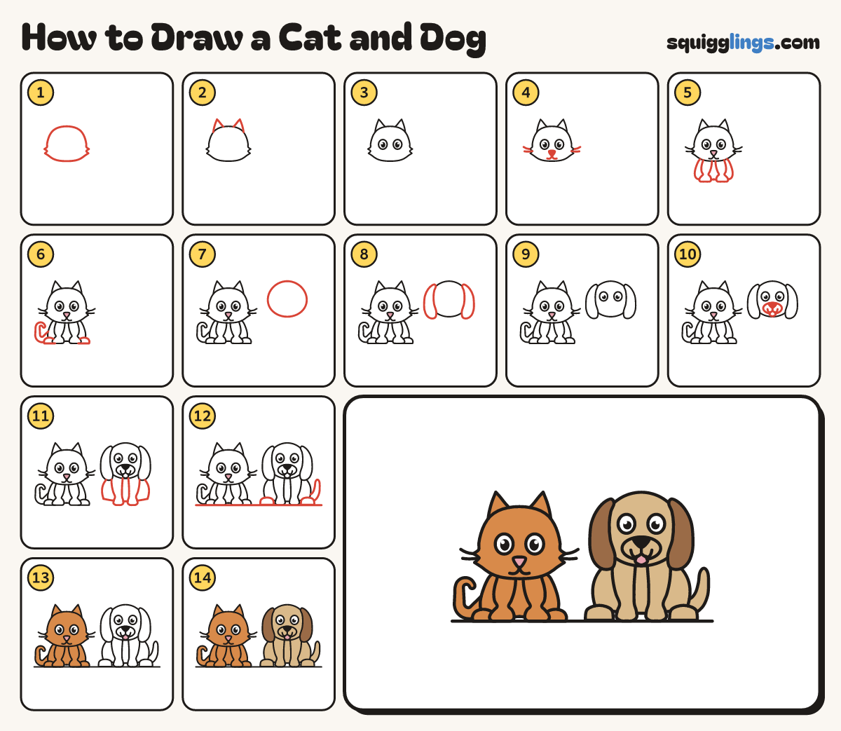 How to Draw a Cat and Dog step by step: all 14 steps in one picture