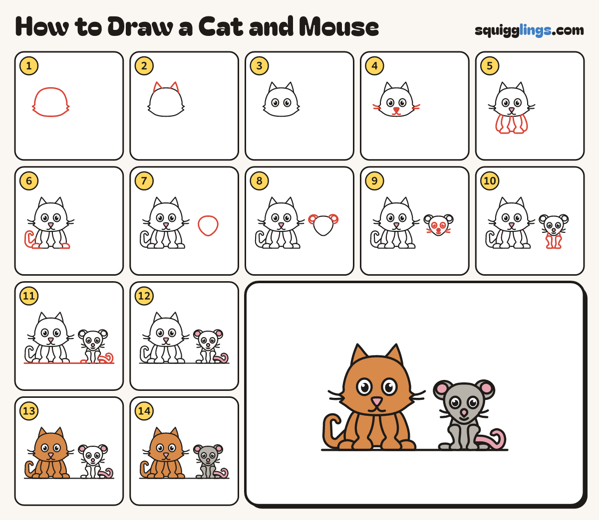 How to Draw a Cat and Mouse step by step: all 14 steps in one picture