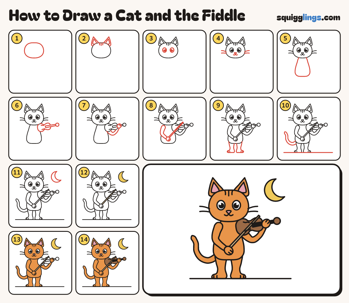 How to Draw a Cat and the Fiddle step by step: all 14 steps in one picture