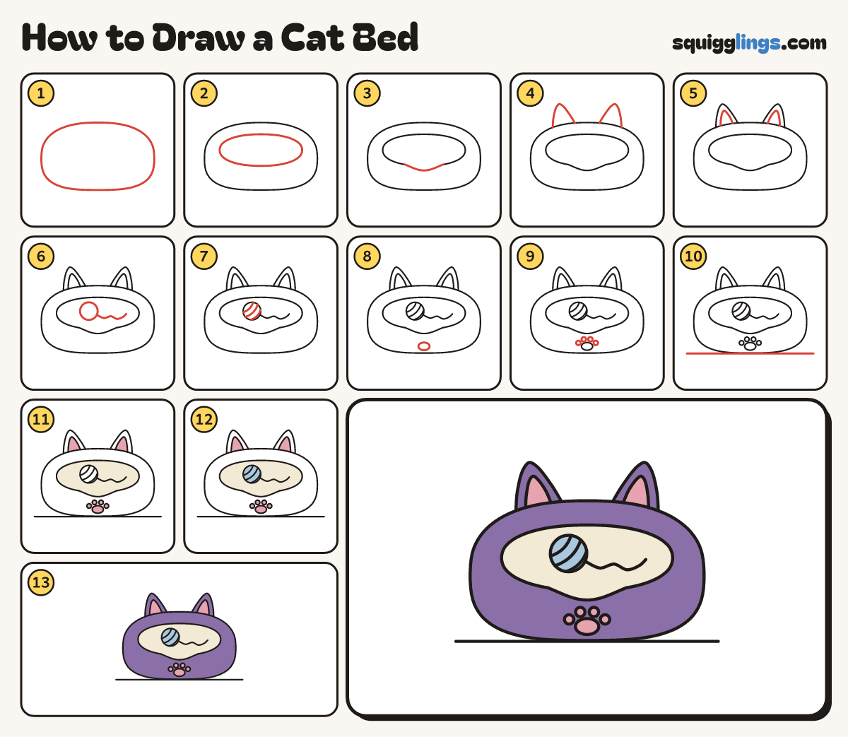How to Draw a Cat Bed step by step: all 13 steps in one picture