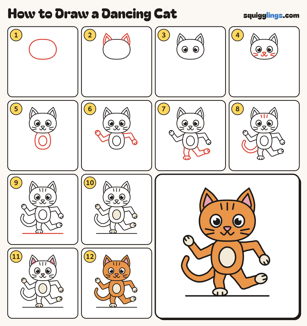 How to Draw a Dancing Cat step by step: all 12 steps in one picture