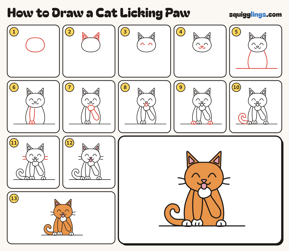 How to Draw a Cat Licking Paw step by step: all 13 steps in one picture