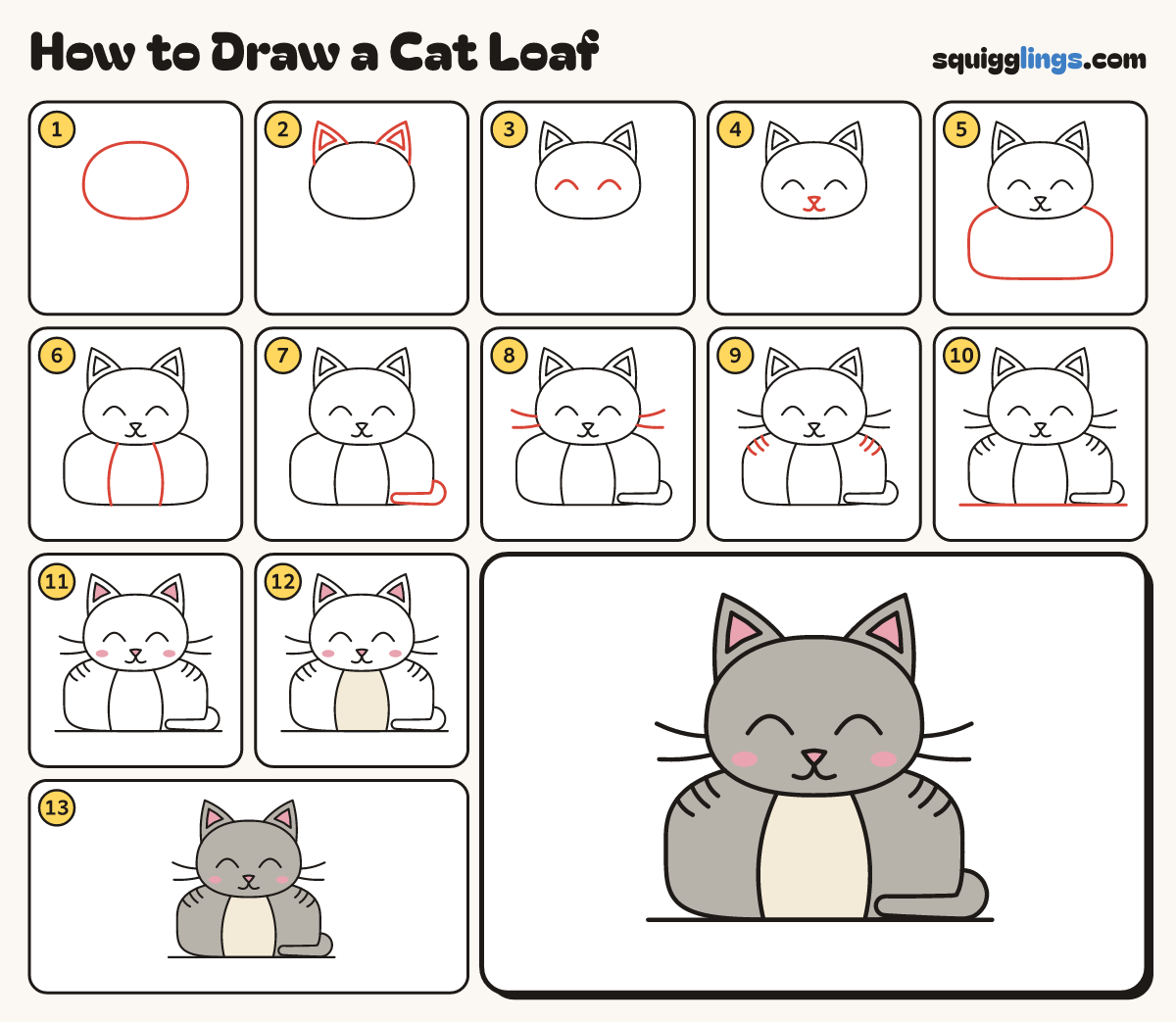 How to Draw a Cat Loaf step by step: all 13 steps in one picture