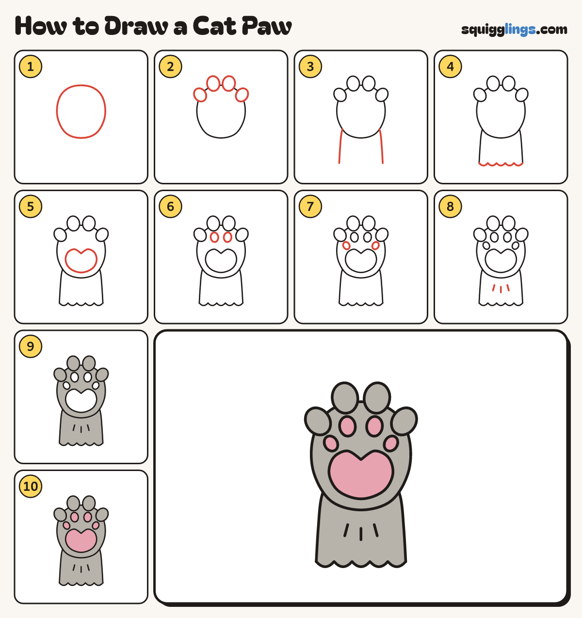How to Draw a Cat Paw step by step: all 10 steps in one picture