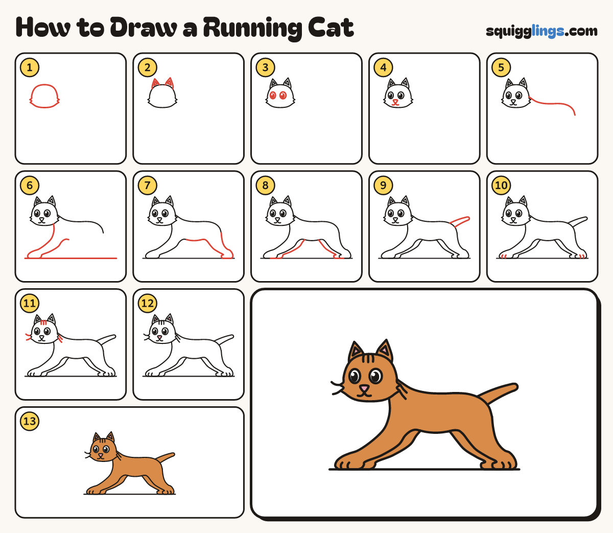 How to Draw a Running Cat step by step: all 13 steps in one picture