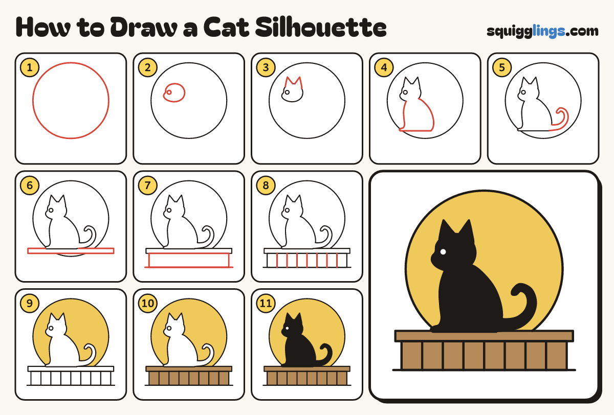 How to Draw a Cat Silhouette step by step: all 11 steps in one picture