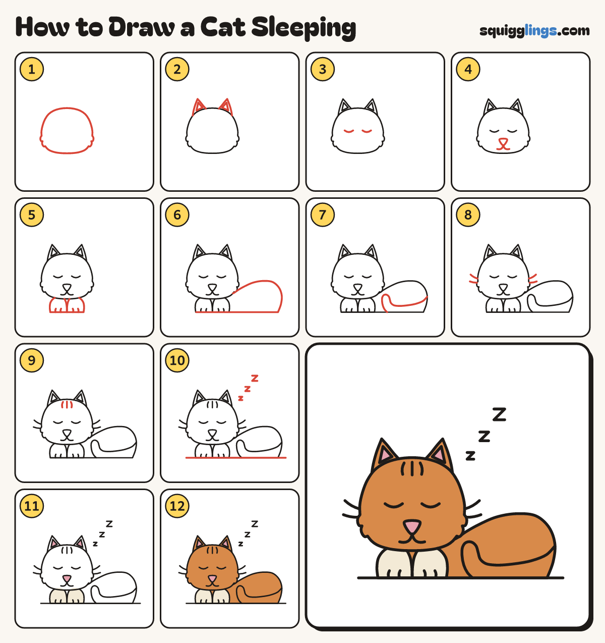 How to Draw a Cat Sleeping step by step: all 12 steps in one picture