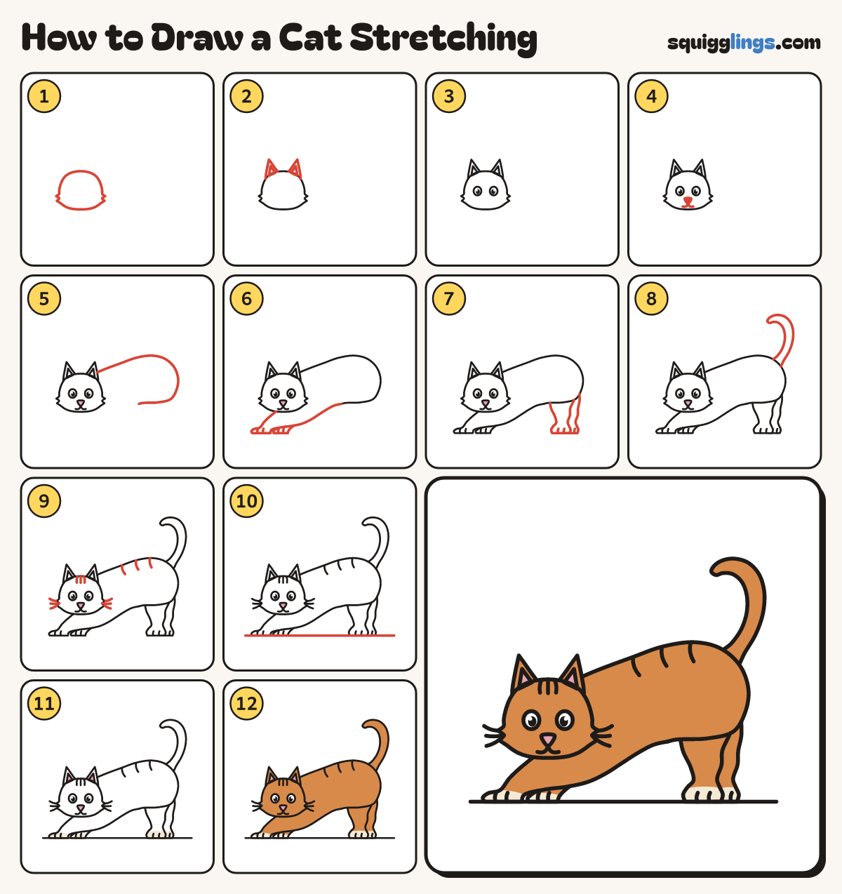How to Draw a Cat Stretching step by step: all 12 steps in one picture