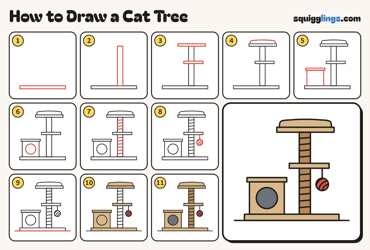 How to Draw a Cat Tree step by step: all 11 steps in one picture