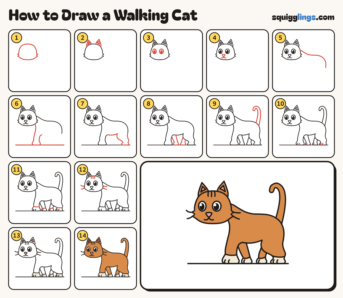 How to Draw a Walking Cat step by step: all 14 steps in one picture