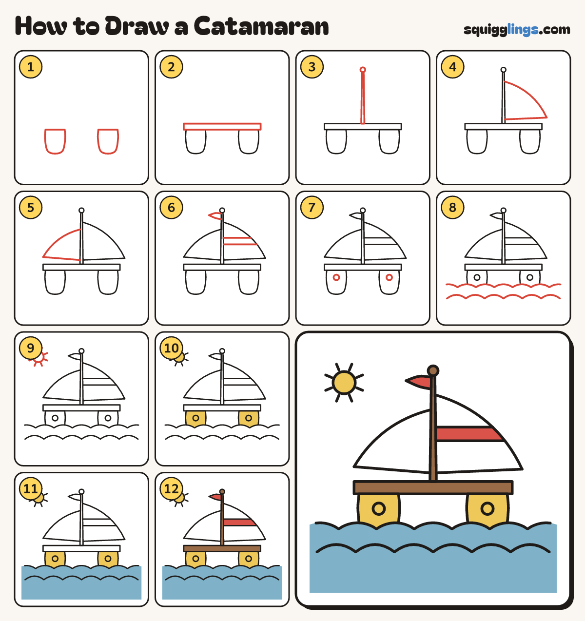 How to Draw a Catamaran step by step: all 12 steps in one picture
